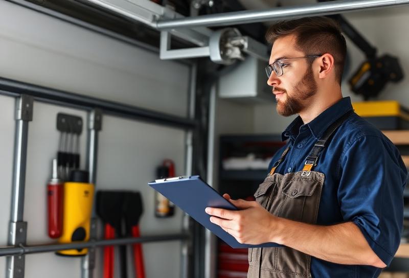 Professional garage door technician performing maintenance inspection