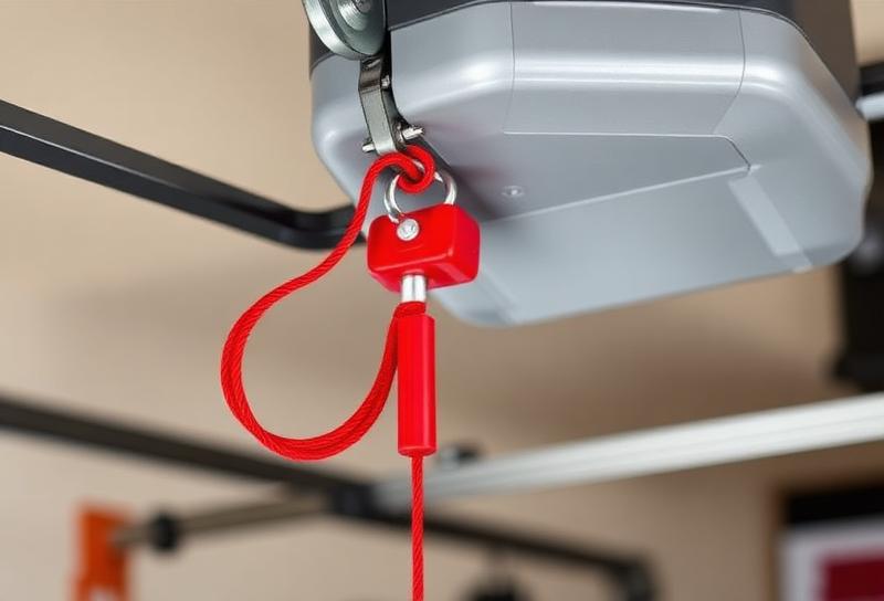 Red emergency release handle on garage door opener