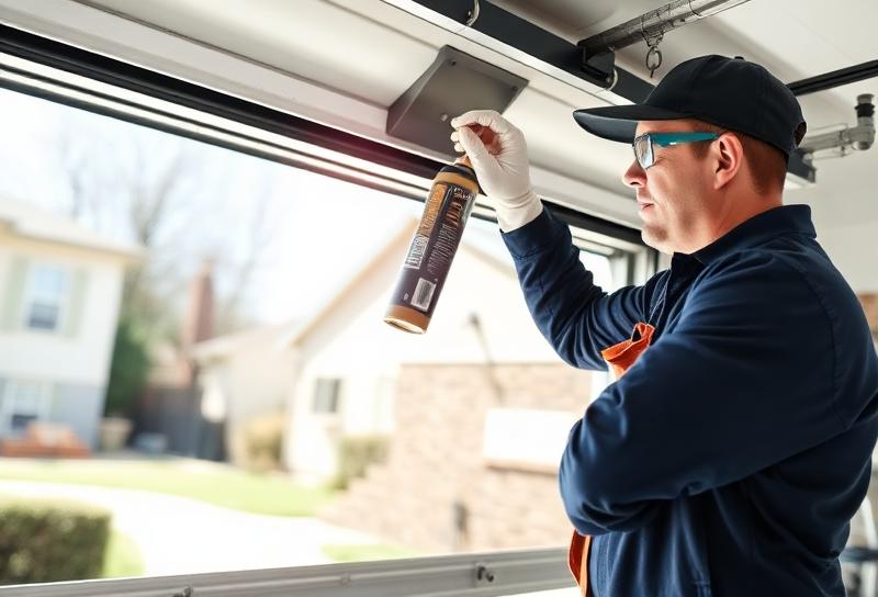 Professional technician performing spring maintenance on garage door